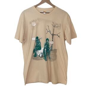Shirt Woot Men's Size XL Cream Green Skeleton Gus On Park Bench Graphic T Shirt